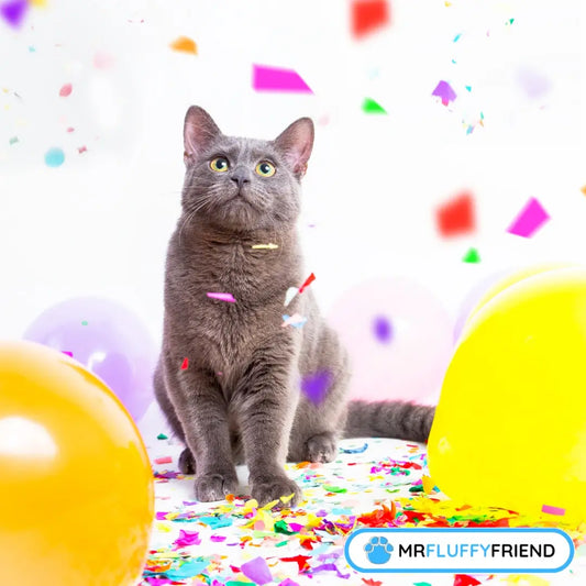 Un chat gris joueur entouré de confettis et de ballons colorés pour fêter la Journée Internationale du Chat